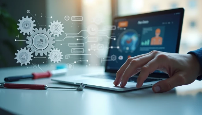 Abstract workspace scene with gears, circuit boards, and tools suggesting workflow automation and practical implementation.
