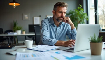 A small business owner using AI-powered accounting software in their office