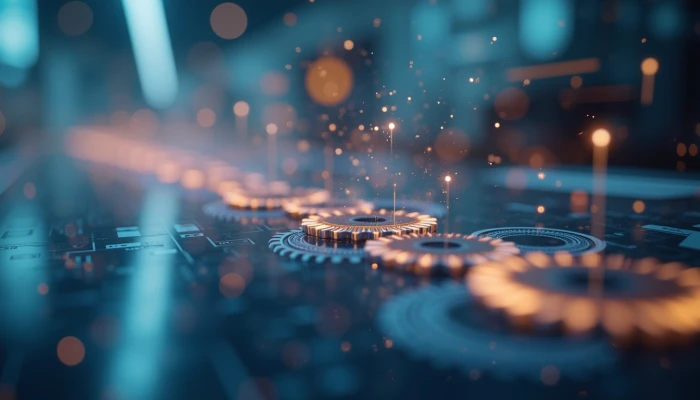 Abstract visualization of automated workflow systems with interconnected gears and flowing patterns, symbolizing seamless integration and modern automation processes.