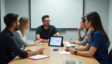 Non-technical team members discussing AI automation on an iPad in a conference room
