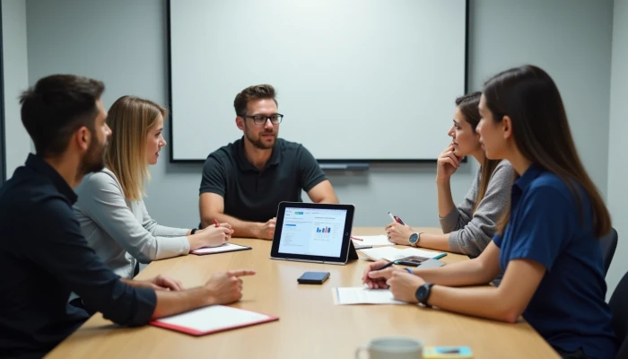 Non-technical team members discussing AI automation on an iPad in a conference room