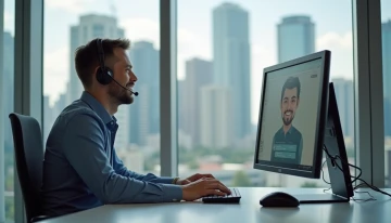 A small business owner using AI for customer support in their office