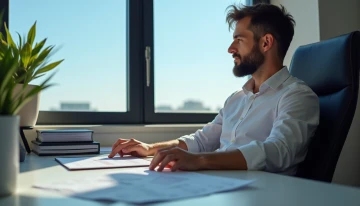 A small business owner considering an invoice workflow diagram at their desk