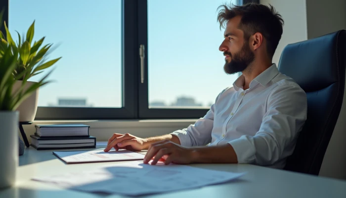 A small business owner considering an invoice workflow diagram at their desk