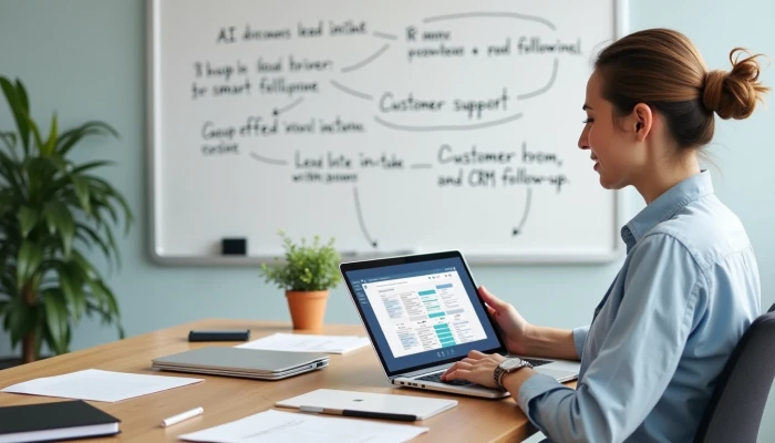 A small business owner reviewing AI-powered automation workflows on their laptop