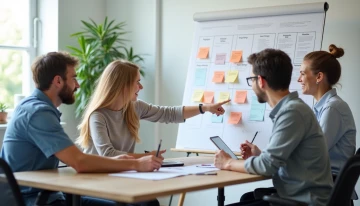 A small team discussing a physical project management board