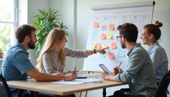 A small team discussing a physical project management board