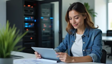 A small business owner reviewing AI-generated reports at a modern desk