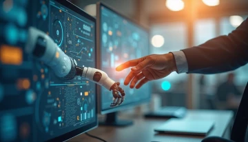 Visual metaphor of human oversight in AI workflows, showing a hand guiding a robotic arm near a blurred digital interface with abstract tech elements in the background.