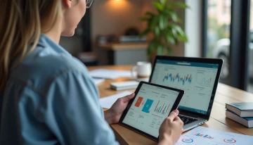 Small business owner reviewing AI-generated customer feedback reports