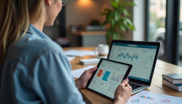 Small business owner reviewing AI-generated customer feedback reports