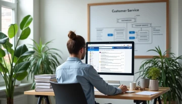Small business owner at a desk, looking at emails on a computer