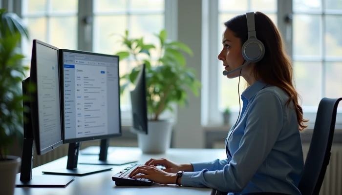 A customer support agent at their workstation