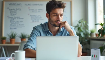 A small business owner studying their laptop in a modern office setting