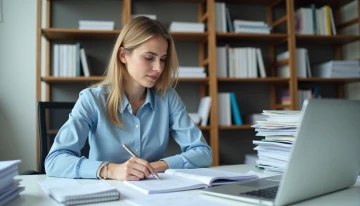A small business owner reviewing accounting records at their desk