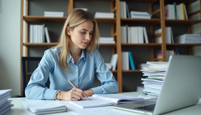 A small business owner reviewing accounting records at their desk