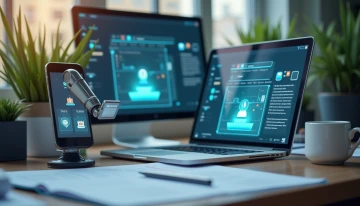 Modern office with automated workflow elements, organized documents, and a robotic arm assisting with filing.