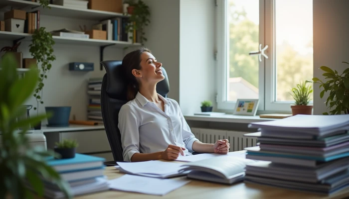 A person relaxing at their home office desk after automating repetitive tasks