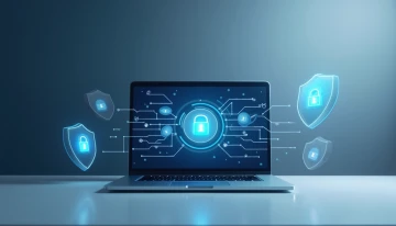 Modern workspace with abstract data visualization, floating security symbols, and network patterns