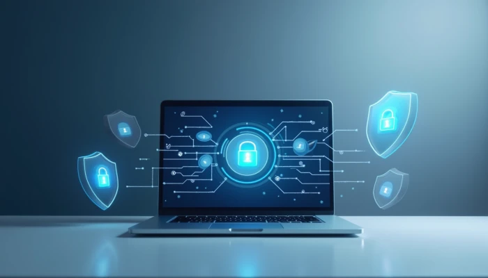Modern workspace with abstract data visualization, floating security symbols, and network patterns