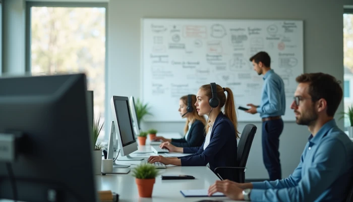 Call center agents working at their desks