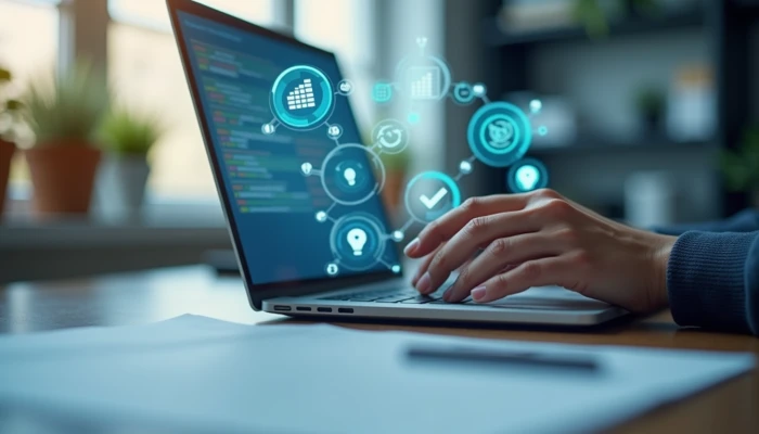 A hand interacting with a digital interface on a laptop, surrounded by abstract symbols of automation and workflow in a modern office.