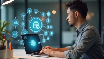 A small business owner using AI automation tools in a modern workspace, with abstract digital elements and office supplies symbolizing efficient workflow management.