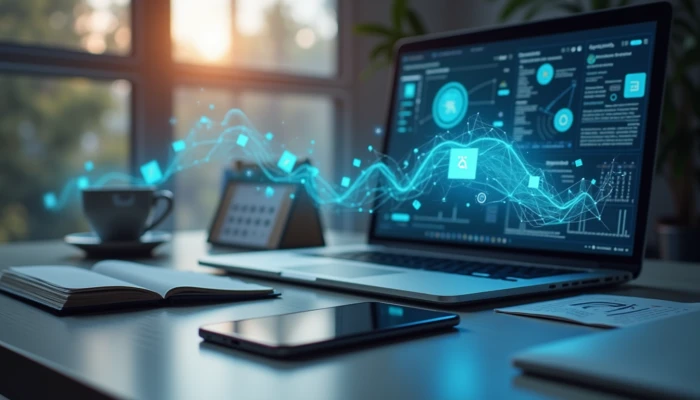 Modern workspace with laptop, smartphone, and abstract data flow elements representing AI automation for small businesses