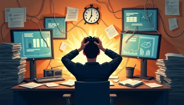 Cluttered workspace with overflowing inboxes, tangled cords, and abstract data screens, symbolizing workflow bottlenecks in small businesses.