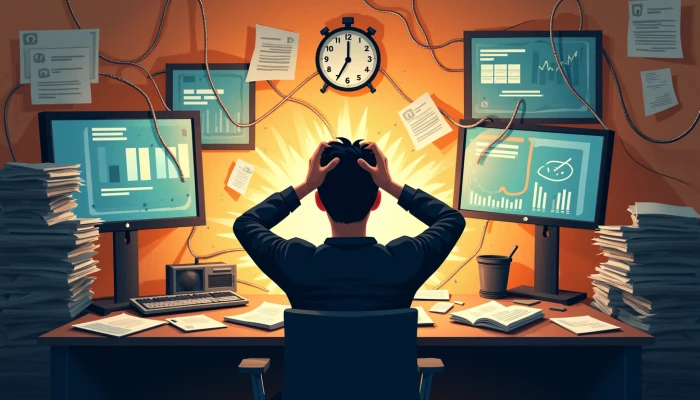 Cluttered workspace with overflowing inboxes, tangled cords, and abstract data screens, symbolizing workflow bottlenecks in small businesses.