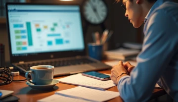 A small business owner at a cluttered desk surrounded by manual workflow elements and abstract digital automation visuals