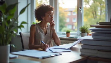 A small business owner contemplating paperwork in their home office