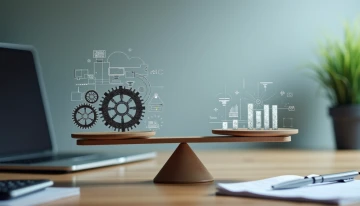 A balance scale showing the relationship between automation technology and small business operations, with abstract mechanical elements on one side and a workspace with a laptop and tools on the other