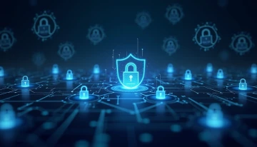 Abstract representation of data security measures including encrypted data flows, digital shields, and compliance symbols in a professional setting