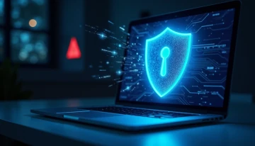 A modern workspace with a glowing shield and abstract digital elements representing AI workflow security risks.