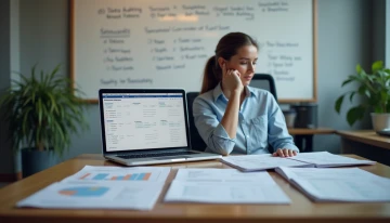 A person reviewing schedules and data audit notes at an office desk