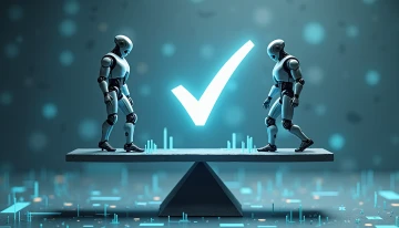 A balance scale showing equilibrium between robotic automation and human oversight, with blurred digital interfaces and a checkmark symbol