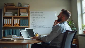 Small business owner at desk, reviewing laptop