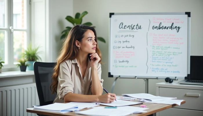 A small business owner planning client onboarding workflows at their desk