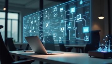 Modern office workspace with abstract digital workflow elements and automation metaphors