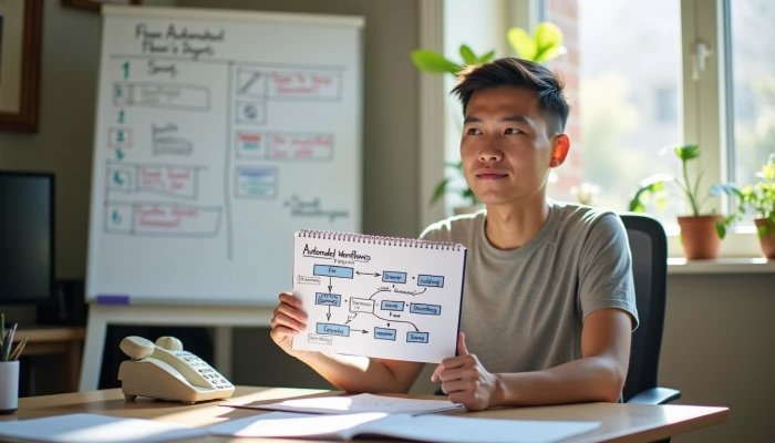 A small business owner planning AI automation in their home office