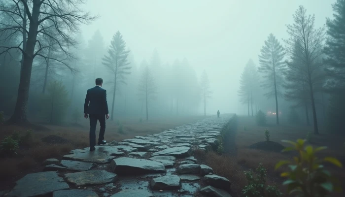 A person navigating a challenging path with abstract obstacles, symbolizing the difficulties of implementing AI automation in small businesses.