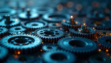 Interlocking gears and cogs with some jammed and others smoothly turning, surrounded by abstract digital elements