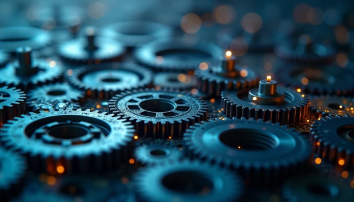 Interlocking gears and cogs with some jammed and others smoothly turning, surrounded by abstract digital elements